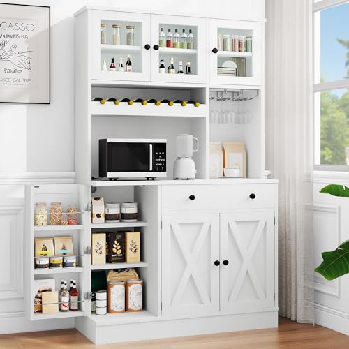 YITAHOME 71''H Kitchen Pantry Storage Cabinet with Power Outlet, Tall Cabinet with Doors, Shelves & Drawer, Buffet Cabinet with Goblet Holder and Wine Rack for Kitchen, Living Room (41''W, Wh - WoodArtSupply