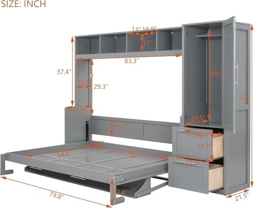 Virubi Full Horizontal Murphy Bed with Storage Wardrobe Closet,2 Drawer,4 Storage Shelves,Wood Folding Murphy Wall Bed Cabinet for Adult (Grey) Virubi