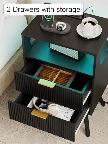 Leomonio Nightstand with Charging Station and LED Lights, Modern Bedside Table with 2 Storage Drawer and Open Wood Shelf for Bedroom and Small Spaces, Night Stand with Solid Wood Legs Leomonio