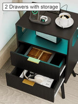 Leomonio Nightstand with Charging Station and LED Lights, Modern Bedside Table with 2 Storage Drawer and Open Wood Shelf for Bedroom and Small Spaces, Night Stand with Solid Wood Legs Leomonio