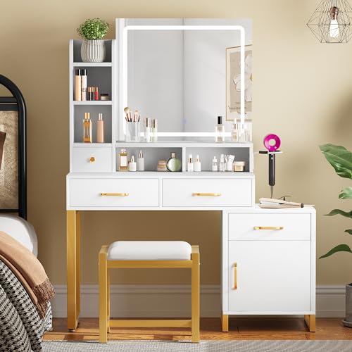 YITAHOME Vanity Desk with Mirror and Lights, Makeup Vanity Set with Power Outlet, Dressing Table with 3 Lighting Modes Brightness Adjustable, 4 Drawers, Cabinet, Stool, Bedroom, Ivory White - WoodArtSupply