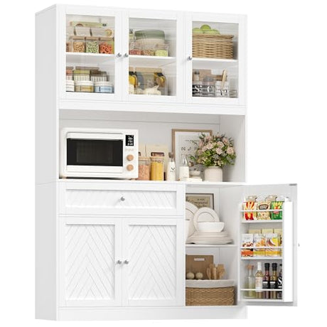 BOTLOG 72” Tall Kitchen Pantry Storage Cabinet, Modern White Kitchen Hutch with Large Storage Drawer, Countertop, Adjustable Shelves, Food Pantry Cabinets for Dining Room, Living Room BOTLOG