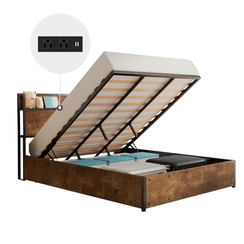 LUXOAK Full Size Lift Up Storage Bed, Wood Platform Bed Frame with Storage Headboard & Charging Station, No Box Spring Needed, Easy Assembly, Rustic - WoodArtSupply