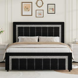 Queen Size Bed Frame with LED Lights and Velvet Upholstered Headboard, Bed Frame Queen Size with Modern Diamond Headboard Adjustable, Wooden Slats Support, Noise Free, No Box Spring Needed, Black HOMBCK