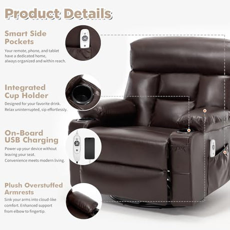 Comermax Rocker Recliner Chair with Heat and Massage, Wide Seat Heated Massaging Reclining Chair, Faux Leather Manual Swivel Rocking Recliners with Cup Holder, Dark Brown Comermax