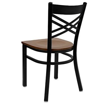 Flash Furniture HERCULES Series Black ''X'' Back Metal Restaurant Chair - Cherry Wood Seat - WoodArtSupply