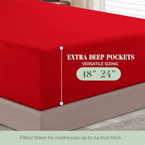 Elegant Comfort 1500 Premium Hotel Quality 18-24 Inches Deep - Extra Deep Pocket Single Fitted Sheet for High Mattress, Luxury and Softest, Smart Pocket - Wrinkle Free, Queen, Red Elegant Comfort