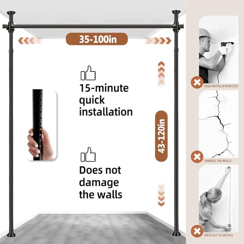 AJAZZ Room Divider Curtain Rod, No Drilling Room Separator for Space Partition Adjustable (H) 43-120×(W) 35-100 inch Heavy Duty Temporary Wall Divider Floor to Ceiling Tension Rod, Black AJAZZ