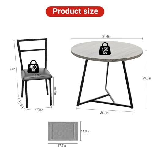 Garvee Dining Table Set for 2, Wooden Kitchen Table and Chairs of 2 with Upholstered Chairs, Round Kitchen Tables Set, 3 Piece Dining Room Table Sets for Small Space, Apartment, Rustic Gray Garvee