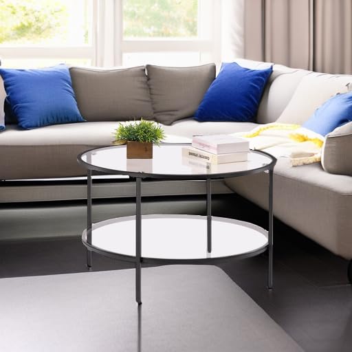 VINGLI Glass Coffee Table,30" Round Coffee Table Black Coffee Tables for Living Room, 2-Tier Clear Glass Top Side Table with Storage. Simple & Modern Center Table Mesa de Centro para Sala VINGLI