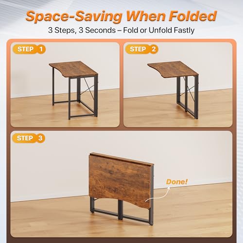 Huuger Folding Desk for Small Spaces, 31.5 Inch Foldable Computer Table, for Home Office, Study, Bedroom, Dorm, Space Saving, Small Writing Work Office Computer Desk, Easy to Fold, Rustic Brown Huuger