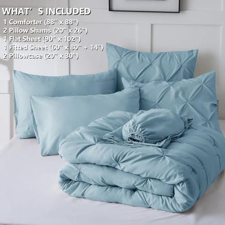 CozyLux Queen Comforter Set Light Blue, 7 Pieces Pintuck Bed in A Bag, Premium Blue Comforter Queen Size, Pinch Pleat Bedding Sets with Comforter, Sheets, Pillowcases & Shams CozyLux