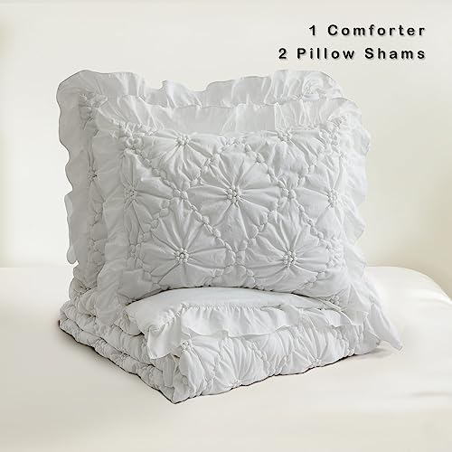 BEDAZZLED Queen Size Comforter Sets, White Bedding Comforter Set, 3 Pieces Pinch Pleat Bedding Sets with Comforter and Pillowcases Soft Farmhouse Shabby Chic Comforter for All Season BEDAZZLED