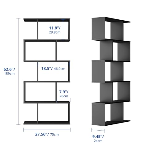 Cozy Castle Set of 2 Geometric Bookcase, S-Shaped Modern Bookshelf, Room Divider Bookshelf, 62" Tall Unique Abstract Bookcase with 5-Tier Display Shelf for Living Room Office, White & Black Cozy Castle