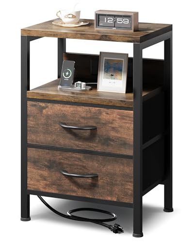 Lazzanto NightStand Bedside Charging Table Bedroom - Brown Night Stand with Charger Station, Modern Bed Side End Table with Open Shelf & 2 Fabric Drawers, USB-C Port for Dorm, Living Room