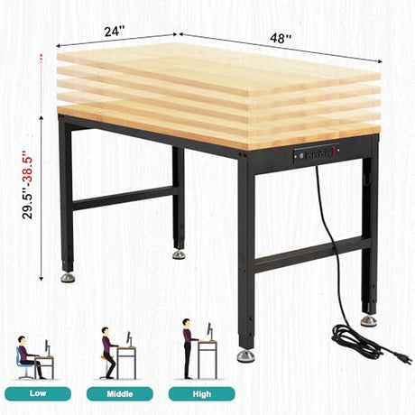 48" Heavy Duty Workbench, Solid Wood Working Bench Adjustable Height Rolling Work Tables with Power Outlets for Home Office, 1800 Lbs Capacity (Rubber Pad丨48 x24 丨Socket) Hombanyan