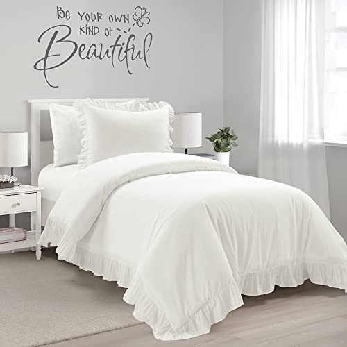 Lush Decor Reyna Ruffle Cotton Duvet Cover Set 2 Piece Set Twin XL, White - Cute Teen Bedding Set - White Duvet - Ruffled Bedding - Coquette Dorm Decor Lush Decor