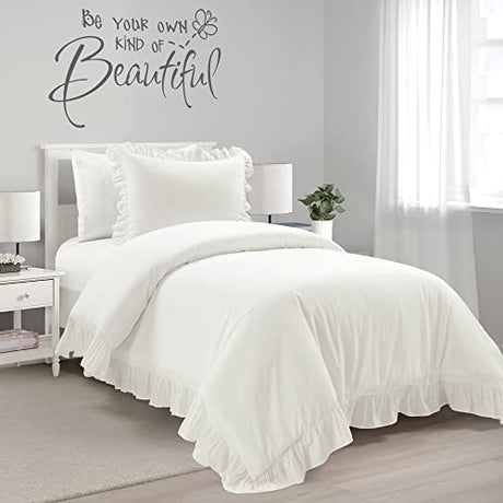 Lush Decor Reyna Ruffle Cotton Duvet Cover Set 2 Piece Set Twin XL, White - Cute Teen Bedding Set - White Duvet - Ruffled Bedding - Coquette Dorm Decor Lush Decor