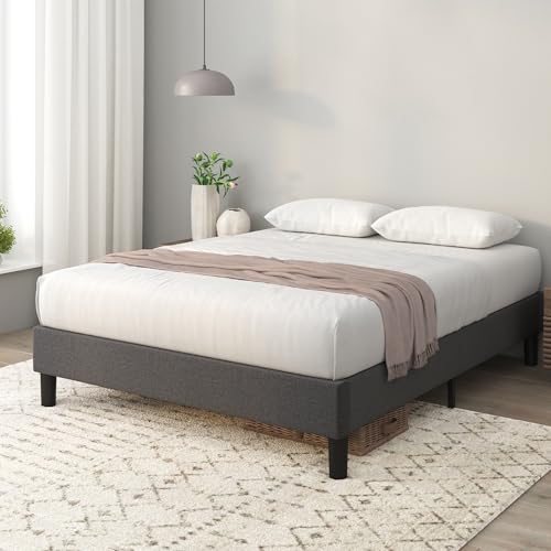 Zinus Curtis Upholstered Platform Bed Frame, Mattress Foundation, Wood Slat Support, No Box Spring Needed, Eco Friendly WonderBox (TM) Packaging, Dark Grey, Queen Zinus