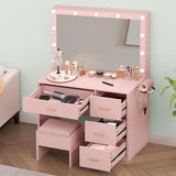 DWVO Vanity Desk with Large Mirror and Lights, Makeup Vanity Set with 11 LED Bulbs and Power Outlet, 4 Storage Drawer, Dressing Table with 3-Color Adjustable Lighting, Vanity Stool, Pale Pink DWVO