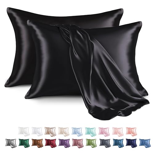 MR&HM Satin Pillowcase for Hair and Skin, Silk Satin Pillowcase 2 Pack, Queen Size Pillow Cases Set of 2, Silky Pillow Cover with Envelope Closure (20x30, Black) MR&HM