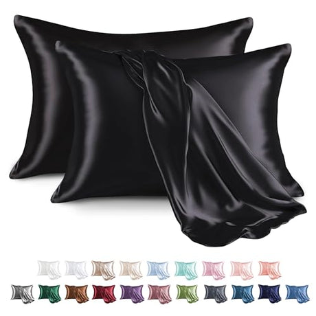 MR&HM Satin Pillowcase for Hair and Skin, Silk Satin Pillowcase 2 Pack, Queen Size Pillow Cases Set of 2, Silky Pillow Cover with Envelope Closure (20x30, Black) MR&HM