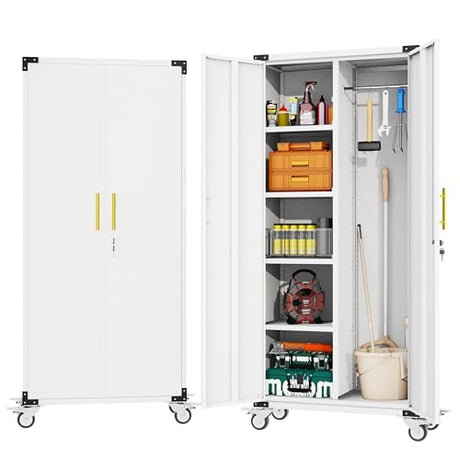 71" Tall Broom Closet Storage Cabinet with Hanging Rod for Cleaning Supplies & Tools,Metal Utility Storage Cabinets with Lock,Wardrobe Cabinets with Adjustable Shelves for Garage,Laundry Room,Bedroom Lusiwry