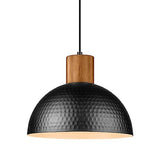 ELYONA Industrial Pendant Light, Rubber Wood Dome Hanging Lamp with 12" Hammered Metal Shade, Modern Pendant Light Fixtures for Kitchen Island, Bar, Farmhouse Dining Room, Bedroom, Hallway - Black ELYONA