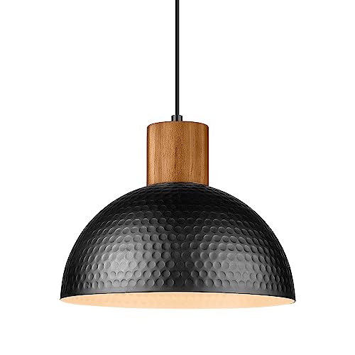 ELYONA Industrial Pendant Light, Rubber Wood Dome Hanging Lamp with 12" Hammered Metal Shade, Modern Pendant Light Fixtures for Kitchen Island, Bar, Farmhouse Dining Room, Bedroom, Hallway -  - WoodArtSupply