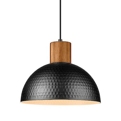 ELYONA Industrial Pendant Light, Rubber Wood Dome Hanging Lamp with 12" Hammered Metal Shade, Modern Pendant Light Fixtures for Kitchen Island, Bar, Farmhouse Dining Room, Bedroom, Hallway - Black