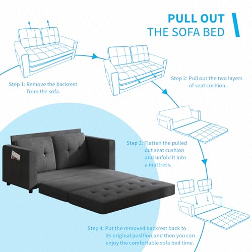 Mjkone Futon Floor Pull Out Sofa Bed, Folding Loveseat Sleeper with Tri-Fold Pullout Beds, 55" Width 2-in-1 Multi-Function Fold Out Gaming Sleeper Sofas Couch for Living Room Home Office, Dark Grey Mjkone
