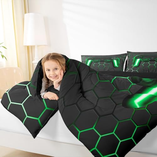 Game Bedding Sets for Boys,Gaming Comforter Set Full,Kids Gamer Duvet Set Neon Lights Gamepad Bed Set for Teen Men Bedroom,geometric Honeycomb Hexagon Comforter with 2 Pillow Shams,Green Grey Erosebridal