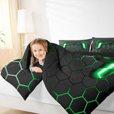 Game Bedding Sets for Boys,Gaming Comforter Set Full,Kids Gamer Duvet Set Neon Lights Gamepad Bed Set for Teen Men Bedroom,geometric Honeycomb Hexagon Comforter with 2 Pillow Shams,Green Grey Erosebridal