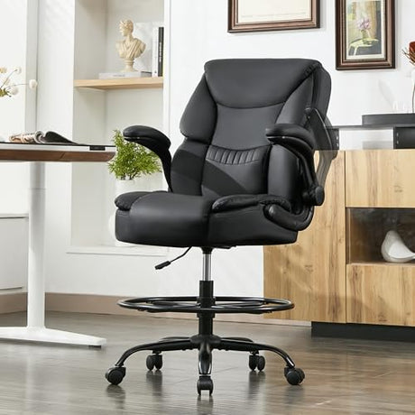 500LBS Drafting Chair, High Back Safer Standing Desk Chair, Executive Tall Office Chair with Flip-up Armrests, Upholstered PU Leather Task Chair, Ergonomic Seat with Adjustable Height&Foot Ring, Black Sofetura
