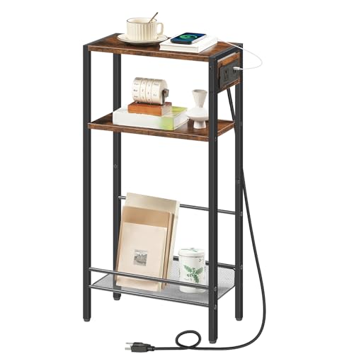 HOOBRO 15.7" Narrow Console Table with Charging Station, 3 Tier Entryway Table for Small Space, Behind Couch Table, Sofa Table, for Entryway, Hallway, Living Room, Rustic Brown and Black BF42UXG01 HOOBRO