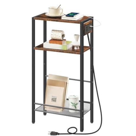 HOOBRO 15.7" Narrow Console Table with Charging Station, 3 Tier Entryway Table for Small Space, Behind Couch Table, Sofa Table, for Entryway, Hallway, Living Room, Rustic Brown and Black BF42UXG01 HOOBRO