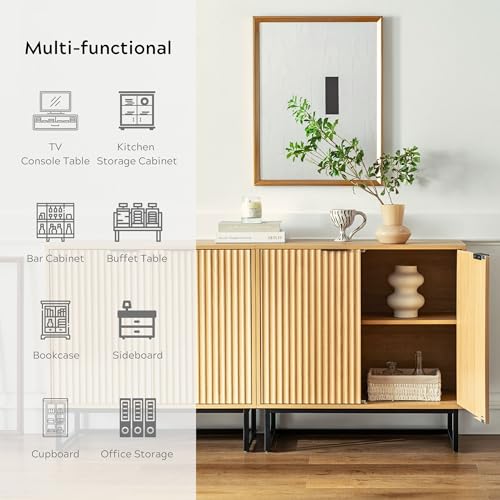 EYYTHUNG Fluted Storage Cabinet Sideboard Buffet Cabinet, Modern Accent Cabinet with Adjustable Shelves, Wooden Credenza, Console Table Entryway Cabinet for Living Dining Room, Natural Oak