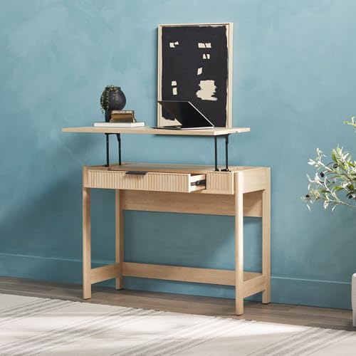Walker Edison Transitional Style Furniture, Reeded Detail, Lift-Top Desk with Drawer and Storage Cubby, Sitting to Standing Desk, Soft Self-Close Desktop, 38”W x 16.75”D x 30”H, Coastal Oak Walker Edison