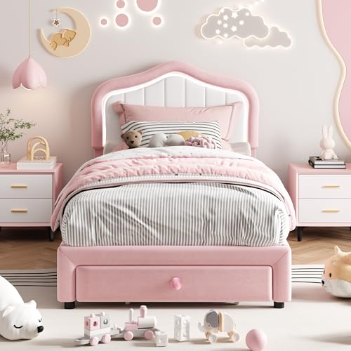 GAOMON Upholstered Twin Size LED Bed Frame with Storage Drawer, Velvet Princess Platform Bed Frame for Kids/Girls, Wooden Slats Support, No Box Spring Needed, Easy Assembly, Pink GAOMON