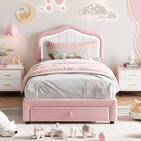 GAOMON Upholstered Twin Size LED Bed Frame with Storage Drawer, Velvet Princess Platform Bed Frame for Kids/Girls, Wooden Slats Support, No Box Spring Needed, Easy Assembly, Pink GAOMON