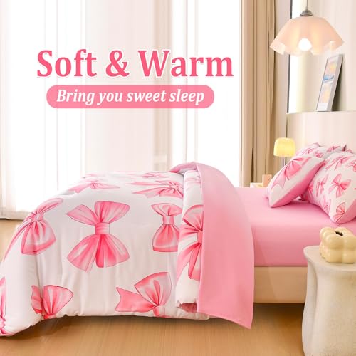 Tasselily 6 Pcs Bed in A Bag Full Comforter Set for Girls,Pink Bow Bedding,Bow Comforter Sets with Sheets for Kids Tasselily