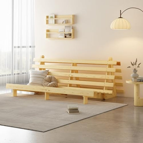 MUSEHOMEINC Wooden Futon Frame Space-Saving Modern Futon Frame Full Size 2 in 1 Design Bed Frame Convert Chair,Sofa,Bed Perfect for Modern Living Spaces (Full) MUSEHOMEINC