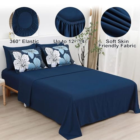 Luxudecor Navy Blue Comforter Set Queen Size, 7 Pieces Bed in a Bag Navy Blue Floral Comforter and Sheet Set, Soft Microfiber Complete Bedding Sets for All Seasons Luxudecor