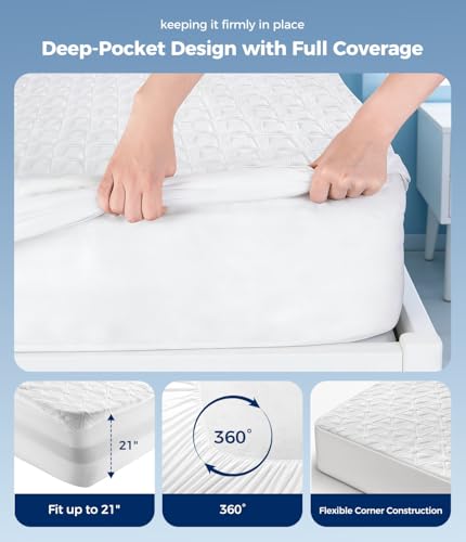 AVIKEN Waterproof Mattress Protector Full Size, Soft Breathable Mattress Pad with Deep Pocket 8"-21", Noiseless 3D Air Fabric Cooling Mattress Cover for Bed, Machine Washable, White AVIKEN