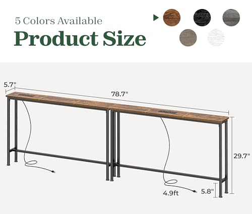 SUPERJARE 78.8 inch Narrow Console Table with Outlet, Sofa Tables, Behind Couch Table, Long Entryway Tables with Charging Station, for Living Room, Rustic Brown SUPERJARE