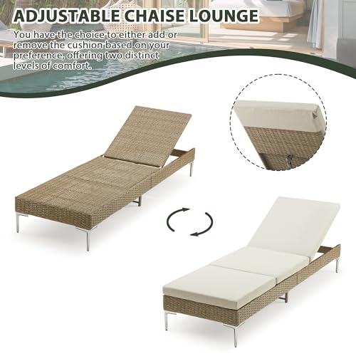 HOMREST Outdoor Chaise Lounge Chair Set of 2, Patio Wicker Lounge Chairs with Adjustable Backrest, Rattan Pool Sunbathing Chaiser with Removable Cushion (Khaki)