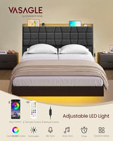 VASAGLE Queen Size Floating Bed Frame with LED Lights, Upholstered Queen Bed Frame with Charging Station, Tufted Storage Headboard, Noise-Free, No Box Spring Needed, Dark Gray URMB851G71SV1 VASAGLE
