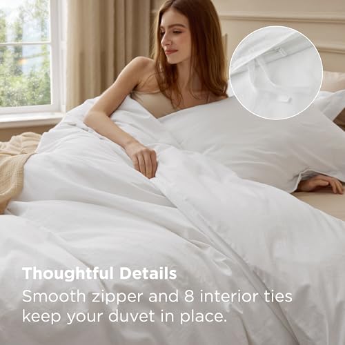Bedsure 100% Washed Cotton Duvet Cover Full Size - Natural White Minimalist Cotton Duvet Cover Linen Like for All Seasons - GentleSoft™ Plain Simple Bedding (Natural White, Full, 80"x90") Bedsure