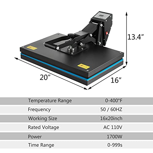 SmarketBuy Heat Press Machine 16x20 Inch, High Pressure Clamshell Heat Press 1700W, Large Heat Press Digital Control Heat Transfer Machine for T Shirts, Garments, Canvas Bag, Pillowcase SmarketBuy