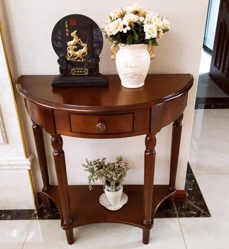 CYYTLFSD Solid Wood Console Table with Drawer, Semi-Circle Entryway Storage Shelf, Half-Moon Porch Table Side Elegant Vintage Sofa for Living Room (Walnut-Colored (23.6" L x 11.8" W x 31.5" H)) CYYTLFSD